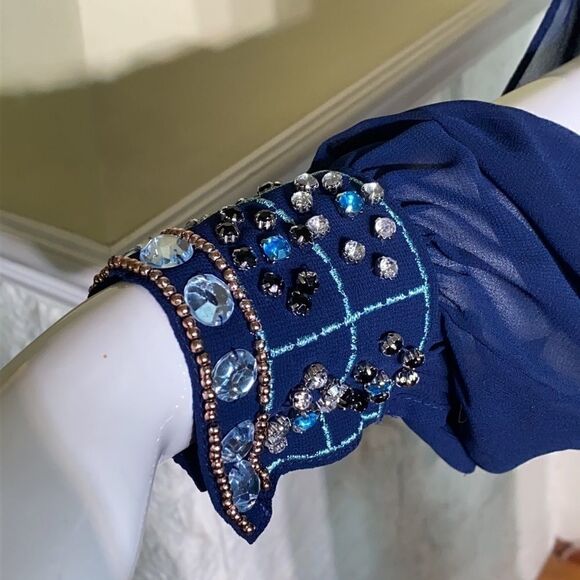 Brigitte Bailey Blue Chiffon Slit Sleeve Rhinestone Cuff Mini Cocktail Dress - Picture 7 of 10